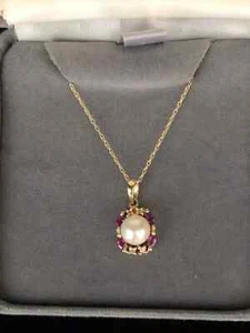 14k Yellow Gold Cultured Pearl Lab-Created Ruby & Diamond Pendant Necklace - Picture 1 of 6