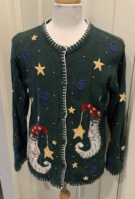 VTG Quacker Factory Womens Cardigan LARGE Santa Celestial Moon Sweater Christmas - Image 1 of 4