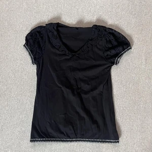 Camisa negra de encaje manga abullonada para mujer mediana boho crochet ribete cuello redondo blusa - Imagen 1 de 13