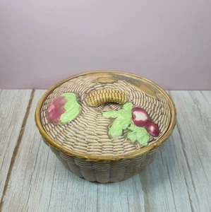 Mid Century Casserole Majolica style Basket weave dish Retro Covered Ceramic - Picture 1 of 11