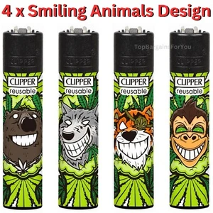 4 Clipper Lighters SMILING ANIMALS LEAVES Design Full Set Gas Refillable Flint - Picture 1 of 3