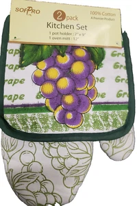 2pc Thin Printed Set: 1 Pot Holder & 1 Oven Mitt (12") GRAPES,green back,SofPRO - Picture 1 of 10