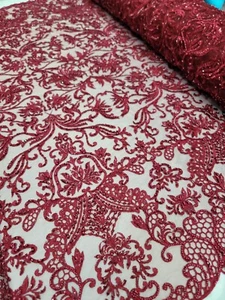 Burgundy Beaded Lace Floral Flowers Embroidery Fabric By The Yard Vintage - Picture 1 of 9