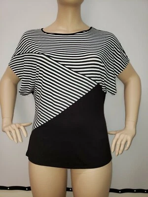 Blusa Top Mujer Relativity Tejida XL Negra Blanca Rayas/Sólida Cuello Barco Dolman Foto 1 de 4