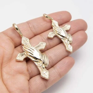 Two-Tone Praying Hands Cross Pendant Real 10K Yellow White Gold All Sizes - Picture 1 of 4