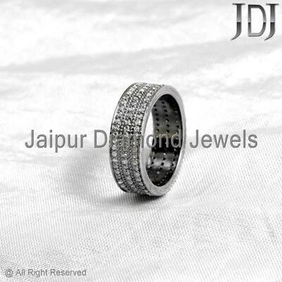 925 Silver Unisex Band Natural Pave Diamond Eternity Jewelry Handmade Ring - Image 1 of 4