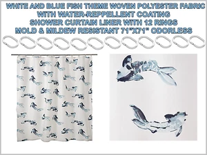 Blue Fish with White Shower Curtain with 12 Rings Mold Mildew Resistant 71"x71" - Picture 1 of 4