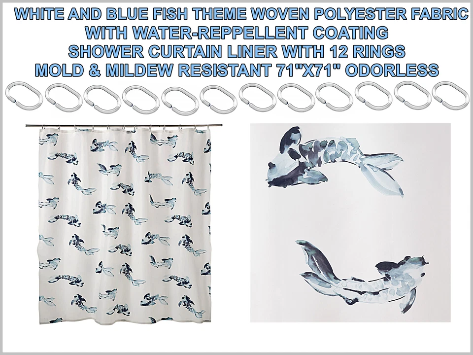 Pez Azul con Cortina de Ducha Blanca con 12 Anillos Molde Resistente al Moho 71"x71" Foto 1 de 4