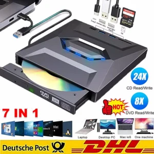 7 in 1 USB 3.0 Externes Laufwerk DVD CD UHD 4K Brenner Player für Laptop PC 2025 - Bild 1 von 14