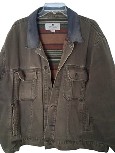 VTG Woolrich Brown Denim Blanket Lined Barn Coat Leather Collar Jean Jacket 2XL - Picture 1 of 16