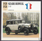 1920-1926 Sizaire-Berwick 25 hp Car Photo Spec Sheet Stat Info French Atlas Card