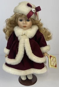 Christmas Porcelain Doll Holiday Gift 12” Blonde Curly Hair Red Dress Good Cond - Picture 1 of 17