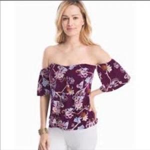 White House Black Market Top Pink Maroon Floral Top Size 6 Off the Shoulder - Picture 1 of 7