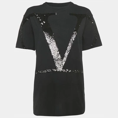 Camiseta Valentino Negra Algodón Logo Secuencia Adornada Cuello Redondo M Foto 1 de 4