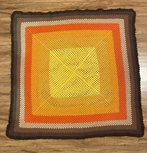 Vintage 70's Afghan Blanket Throw Retro Brown Orange Yellow 48" square Handmade - Picture 1 of 6