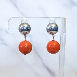 Vintage Clip On Earrings Orange Ball Dangle - Picture 1 of 6