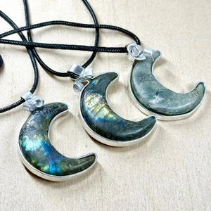 Labradorite Crescent Moon Wire Wrapped Pendant on Black Cord, Handmade - Picture 1 of 6