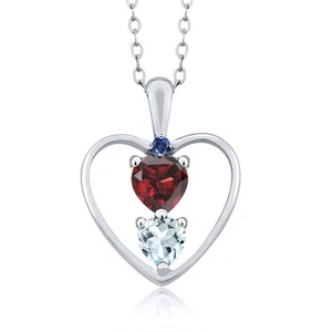 925 Sterling Silver Garnet Aquamarine and Created Sapphire Pendant Necklace For - Picture 1 of 3