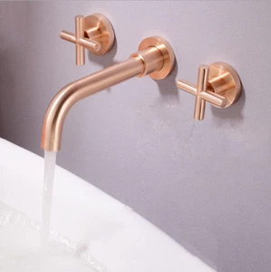 Rubinetto lavabo bagno oro rosa 3 pezzi beccuccio girevole 2 maniglie rubinetto miscelatore a parete - Foto 1 di 7