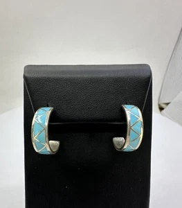 925 Jason & Pearl Ukestine Zuni Turquoise Inlay Hoop Earrings - Picture 1 of 4