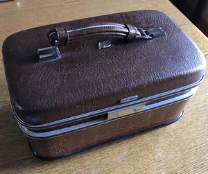 Vintage Airway Train Case Brown Tray Carry On Hard Case Cosmetic - Picture 1 of 9