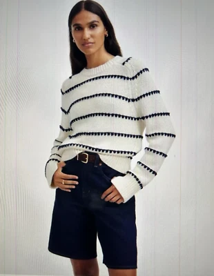 Suéter Madewell Algodón Texturizado Cuello Redondo en Marfil Brillante Azul Marino Rayas, Talla Pequeña Foto 1 de 4