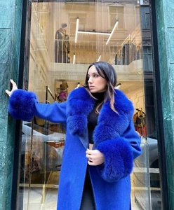 100% Alpaca Women's Winter Coat Real Fox Fur Long Overcoat Soft Stylish Blue - Picture 1 of 5