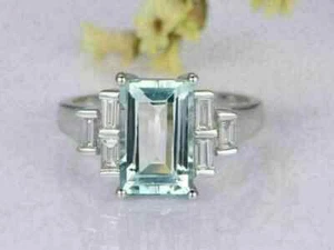 3.10Ct Emerald Cut Lab-Created Aquamarine Engagement Ring 14K White Gold Plated - Picture 1 of 13