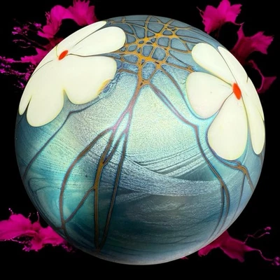 Steve Smeyers Art Glass Flower Paperweight Iridescent Blue 1976 Signed Numbered - image 1 of 4