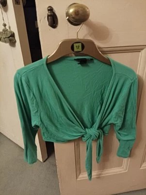 H&M Divided Mint Green V Neck Wrap Crop Top Flutter Sleeve Tie Up Front M Size - image 1 of 4