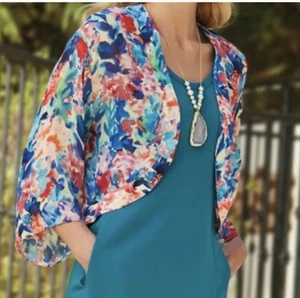 Soft Surroundings Womens Open Front Topper Kimono Size Medium Watercolor Print - Picture 1 of 10