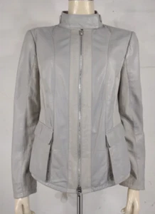Armani Collezioni gray 100% Lamb Leather full zip moto jacket womens size 10 - Picture 1 of 14