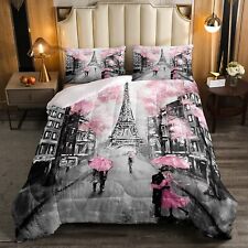 Pink Paris Eiffel Tower Comforter Set Full Size French Style Couple Lover Flo...