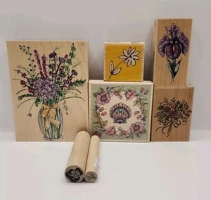 Lote de 7 estampillas redondas de goma montadas en madera flores  - Imagen 1 de 3
