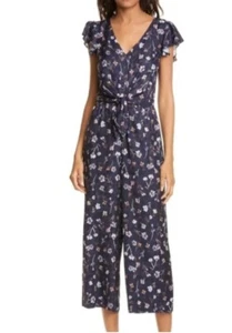 REBECCA TAYLOR Aurelie Blue Floral Silk Blend Tie Front Cropped Jumpsuit Sz 14 - Picture 1 of 11