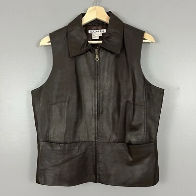 A.M.I. Size Large 100% Leather Dark Brown Full Zip Up Vest Pockets Collared - Image 1 of 4