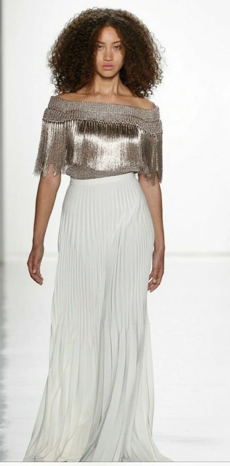 Stunning Julianna Bass Off Shoulder Fringe Sweater Heavy Metallic Gold Top $725 - Image 1 of 4