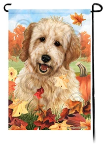 Falling Leaves Garden Flag - Buff Goldendoodle - Picture 1 of 1