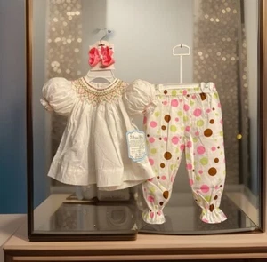 Girls NWT Remember Nguyen Smocked Pants Set & Dress Shirt Free Bow 12 Months - Picture 1 of 9