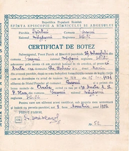 Romania, 1956, Vintage Baptism Certificate - RPR, Pitesti - Picture 1 of 1