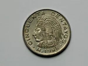 Mexico 1968 50 CENTAVOS Coin AU Toned-Lustre with Last Aztec Emperor Cuauhtemoc - Picture 1 of 2