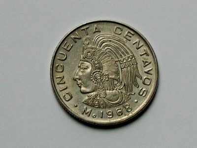 Moeda México 1968 50 centavos AU Toned-Lustre com Último Imperador Asteca Cuauhtemoc - Imagem 1 de 2