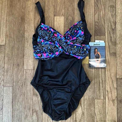 Jantzen Vintage 80s NWT One Piece Swimsuit 12 Black Neon Twist Scoop Retro - Image 1 of 4