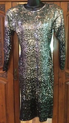 Vintage ADRIENNE VITTADINI Sz M Black SILVER Sequin SWEATER DRESS Luxury 90’s - Image 1 of 4