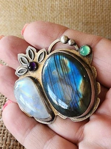 Sterling Silver One Of A Kind Pendant With Labradorite And Moonstone Amazing - Picture 1 of 6