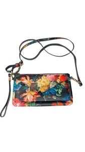 LODIS Leather Black with Colorful Flowers Floral Crossbody Wallet Purse Wristle - Picture 1 of 13