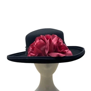Black Wool Hat With Wide Brim & Pink Fabric Flower Accent - Picture 1 of 7