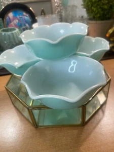 Set of 4 Hazel Atlas Aqua Crinoline or Ripple 5 5/8" Cereal Bowls - Picture 1 of 11