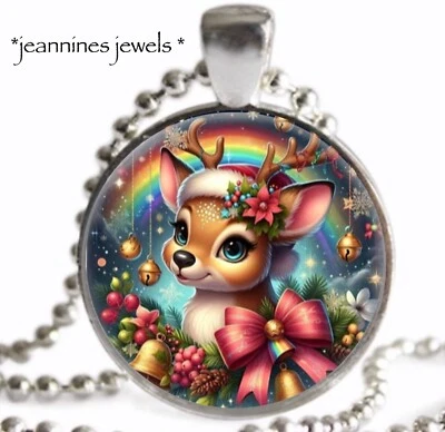 Collar de reno arco iris regalo de Navidad medias relleno plata encanto colgante Foto 1 de 4