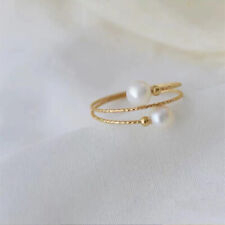 18K Solid Gold Natural Freshwater Pearl Rings Bead Elastic Beautiful Open Size